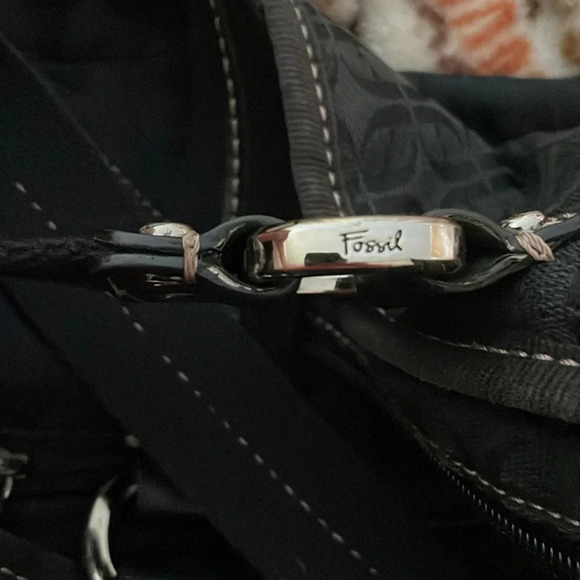 Fossil Modern Vintage Black Logo Fabric Tote Bag Canvas Straps Women’s Pocket - Picture 8 of 16